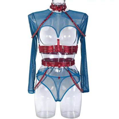 Dark blue-dark red Naughty Doll Mesh Fantasy 3-piece set for cutecore and dollcore