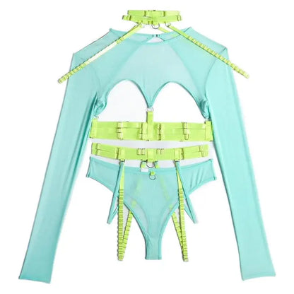 Green-blue Naughty Doll Mesh Fantasy 3-piece set for flirty roleplay and dollcore vibes