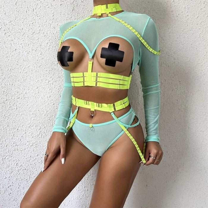 Green-yellow Naughty Doll Mesh Fantasy lingerie set with garter and bolero