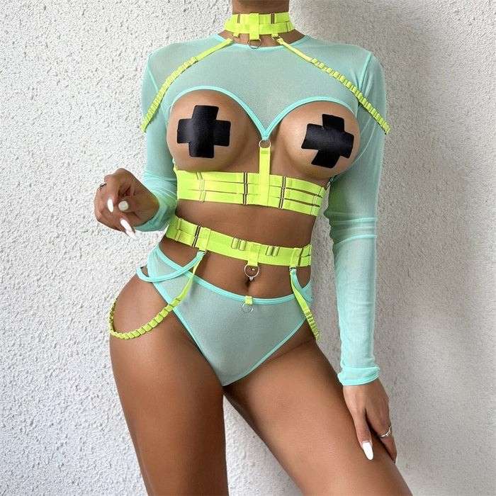 Green-yellow Naughty Doll Mesh Fantasy set with mesh corset, bolero, and playful straps