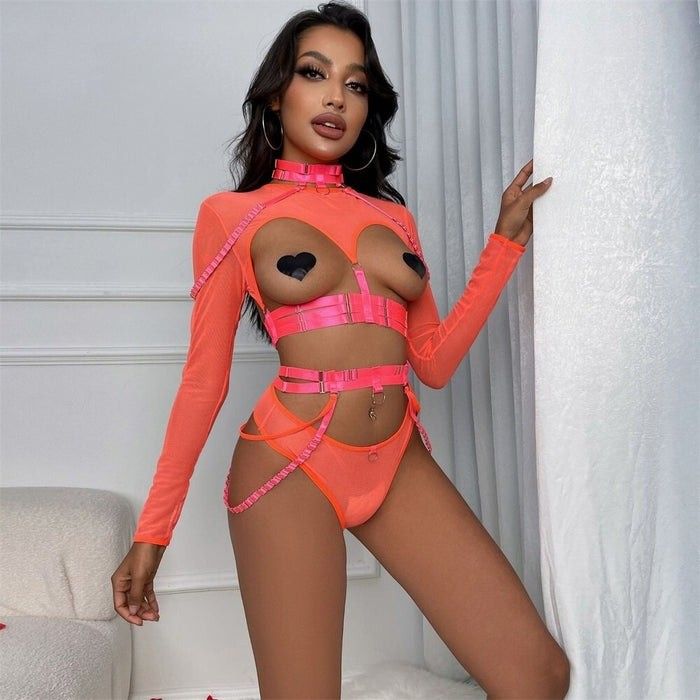 Pink-orange Naughty Doll Mesh Fantasy 3-piece set for kawaii and baddie aesthetics