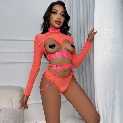 Pink-orange Naughty Doll Mesh Fantasy 3-piece set for kawaii and baddie aesthetics