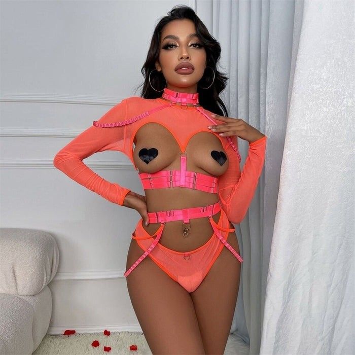 Naughty Doll Mesh Fantasy pink-orange flirty lingerie with choker and garter