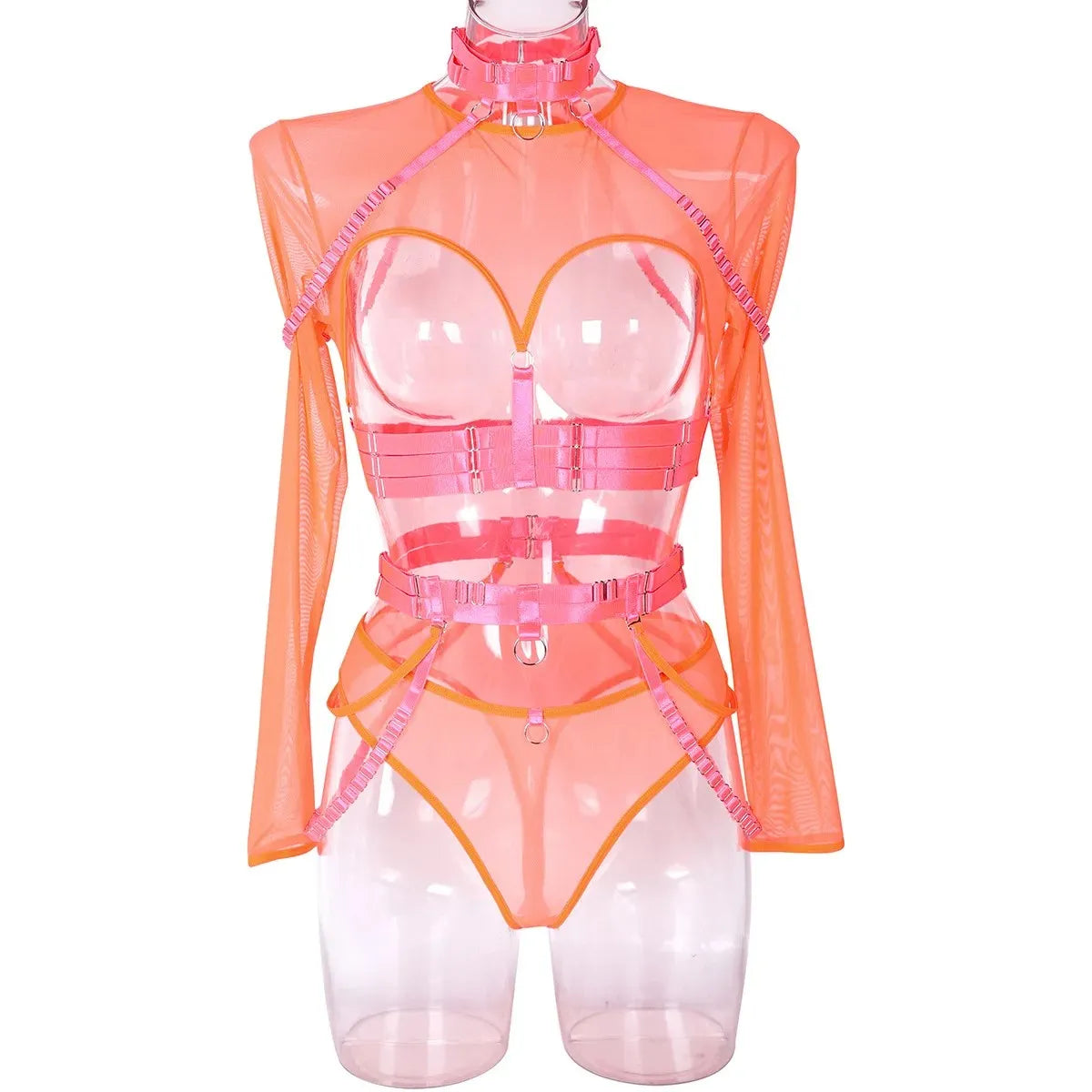 Pink-orange Naughty Doll Mesh Fantasy lingerie set for DDLG cutecore play