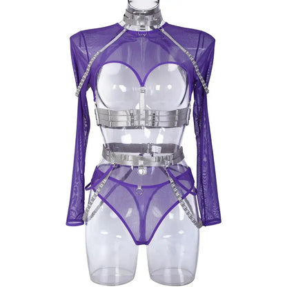 Purple-gray Naughty Doll Mesh Fantasy set with choker and mesh hollow-out corset