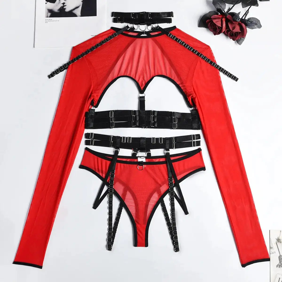 Red-black Naughty Doll Mesh Fantasy 3-piece set with choker and sexy cutouts