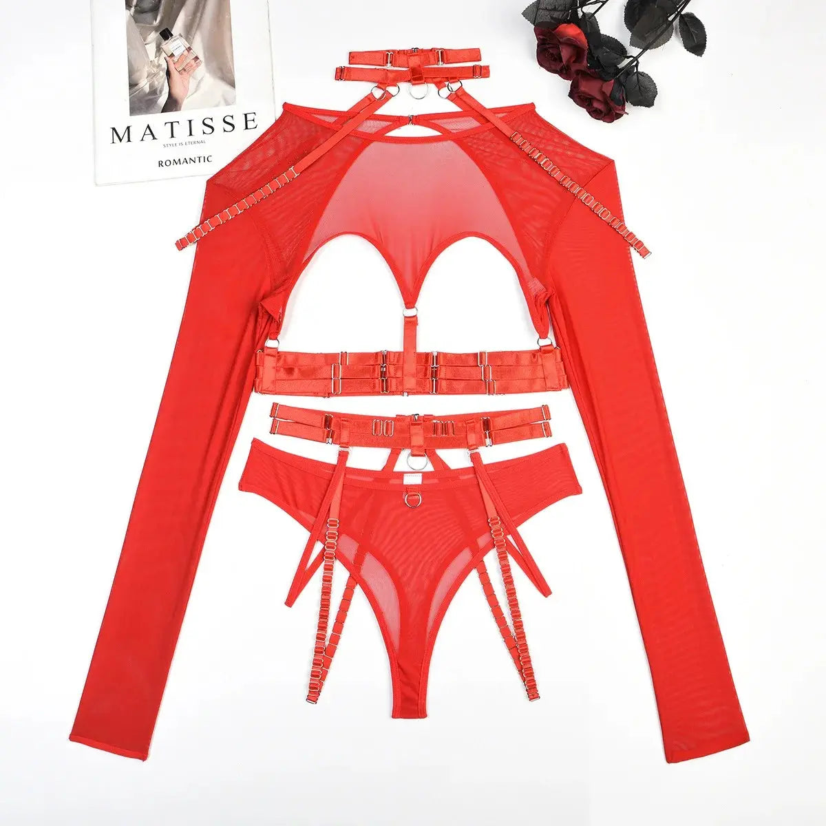 Red Naughty Doll Mesh Fantasy lingerie set with hollow-out corset and garter