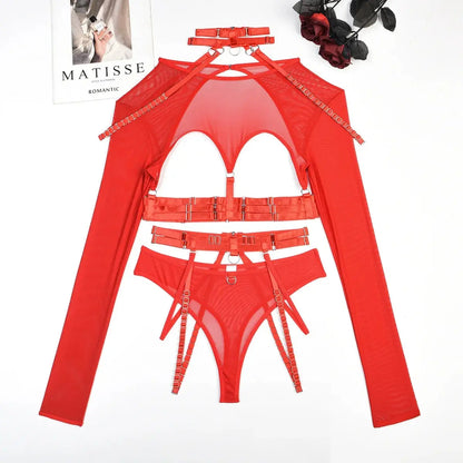 Red Naughty Doll Mesh Fantasy lingerie set with hollow-out corset and garter