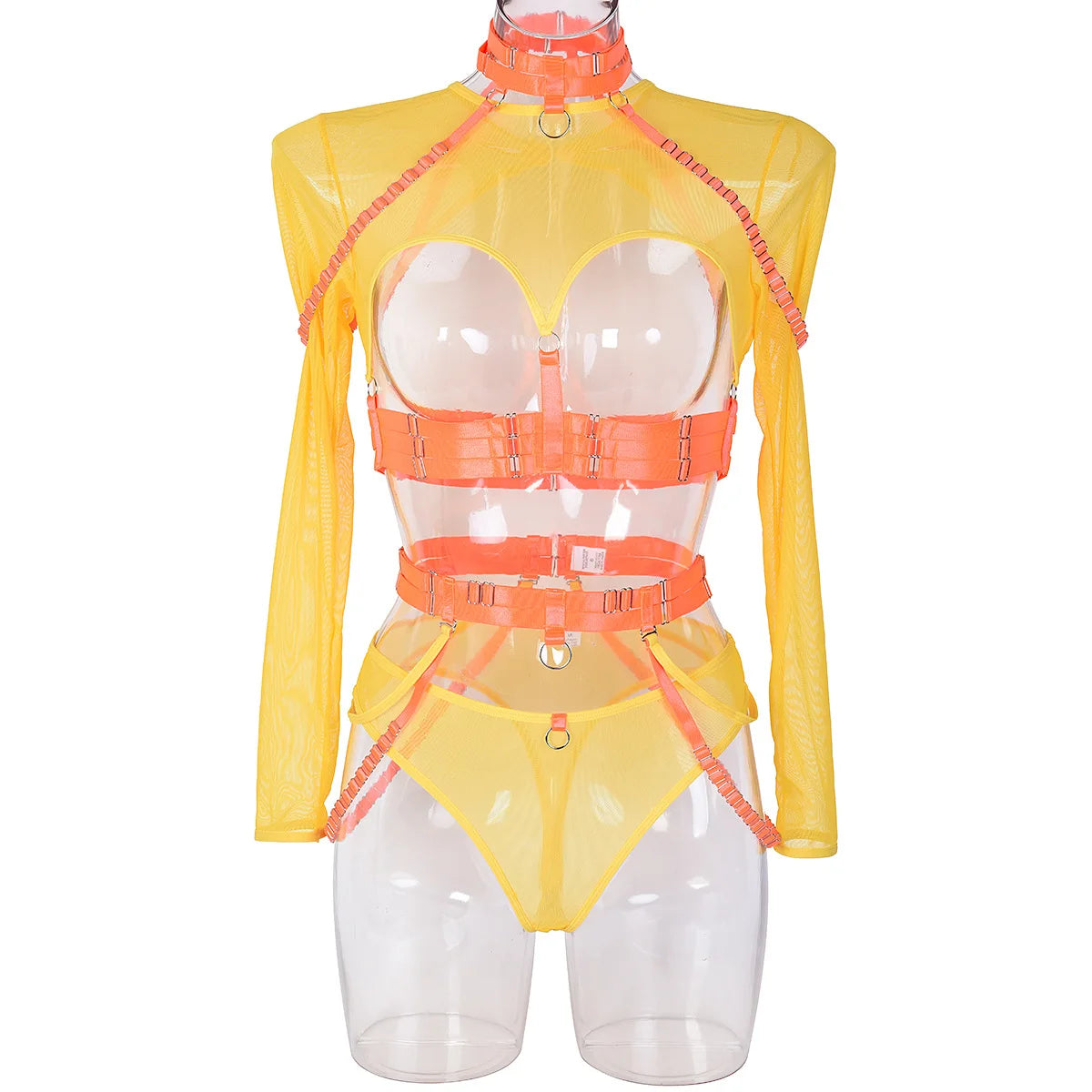 Naughty Doll Mesh Fantasy 3-piece set in yellow-orange mesh with choker, garter, and hollow corset