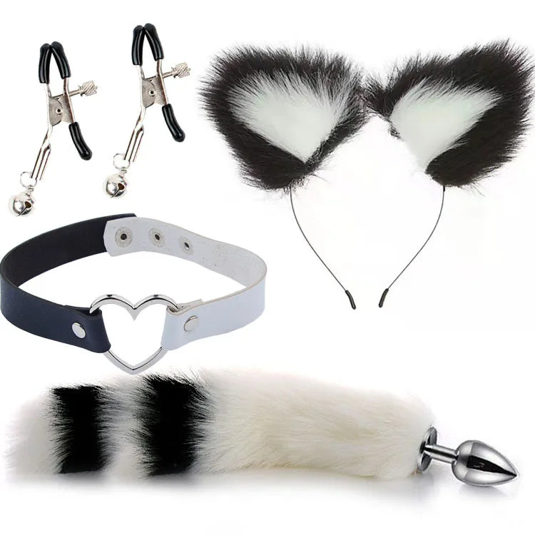 Black and white Naughty Pet Play Set with plush ears, colorful tail plug, heart collar, and nipple clips