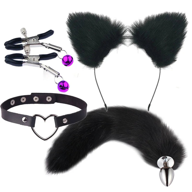 Black Naughty Pet Play Set with plush ears, fluffy tail plug, heart collar, and nipple clips