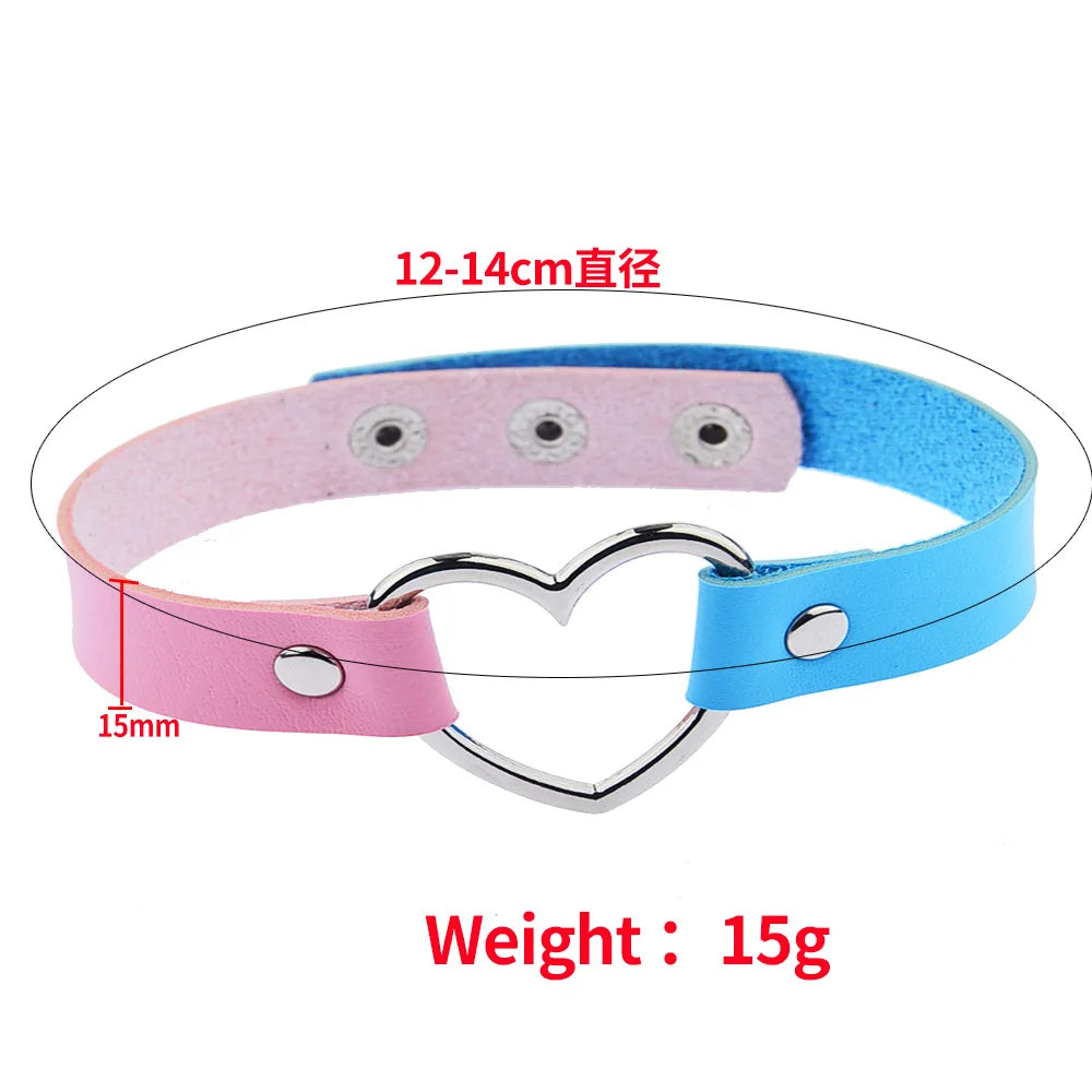 Blue and pink heart collar adjustable measurements for comfy, cute petplay accessory
