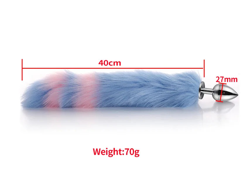 Blue and pink tail plug measurements with fluffy colorful design for petplay and DDLG vibes