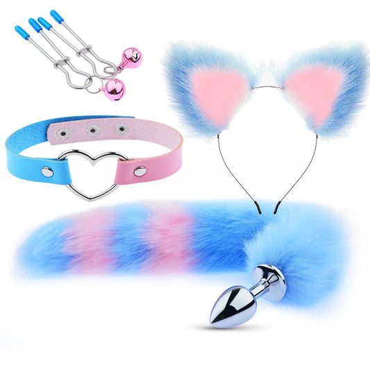 Naughty Pet Play Set in blue and pink with plush ears, colorful tail plug, heart choker, and nipple clips