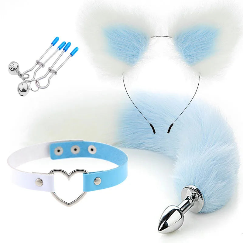 Blue and white pet play set alternate with plush ears, tail plug, collar, and nipple clips