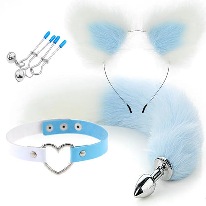 Blue and white pet play set alternate with plush ears, tail plug, collar, and nipple clips