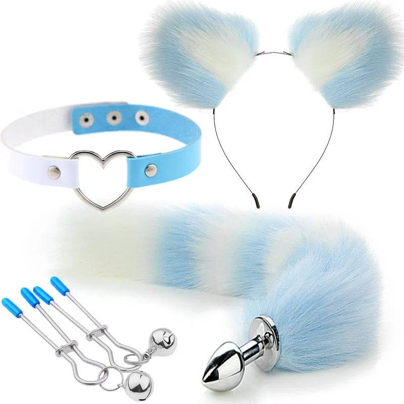 Blue and white pet play set featuring plush ears, colorful tail plug, heart collar, and nipple clips