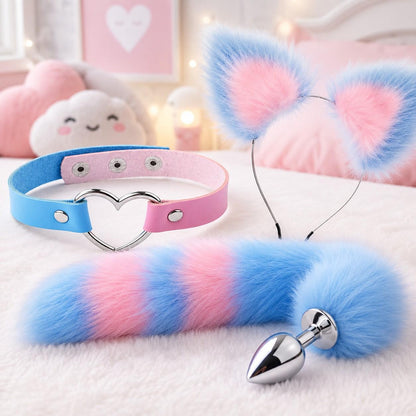 Naughty Pet Play Set in blue and pink with plush ears, colorful tail plug, heart choker