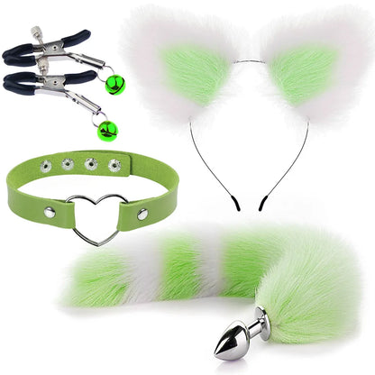 Green and white pet play set with soft ears, colorful tail plug, adjustable collar, and nipple clips