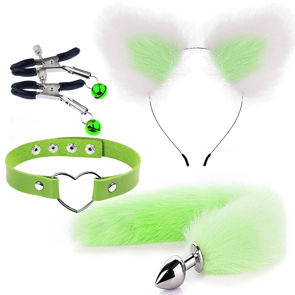 Green Naughty Pet Play Set featuring plush ears, fluffy tail plug, heart collar, and nipple clips
