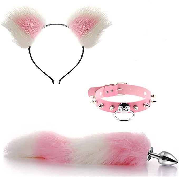 Pink and white pet play set with soft animal ears, tail plug, collar, and nipple clips for playful vibes