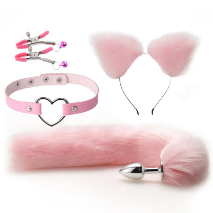 Naughty Pet Play Set in pink with plush ears, fluffy tail plug, heart collar, and playful nipple clips