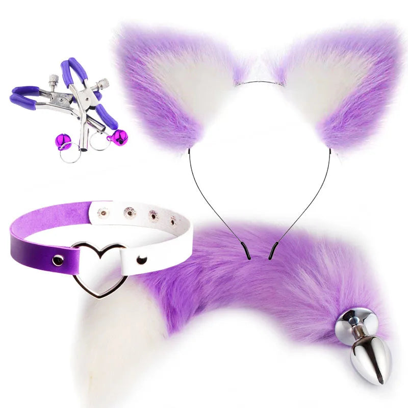 Alternate purple and white set with plush ears, tail plug, heart collar, and nipple clips