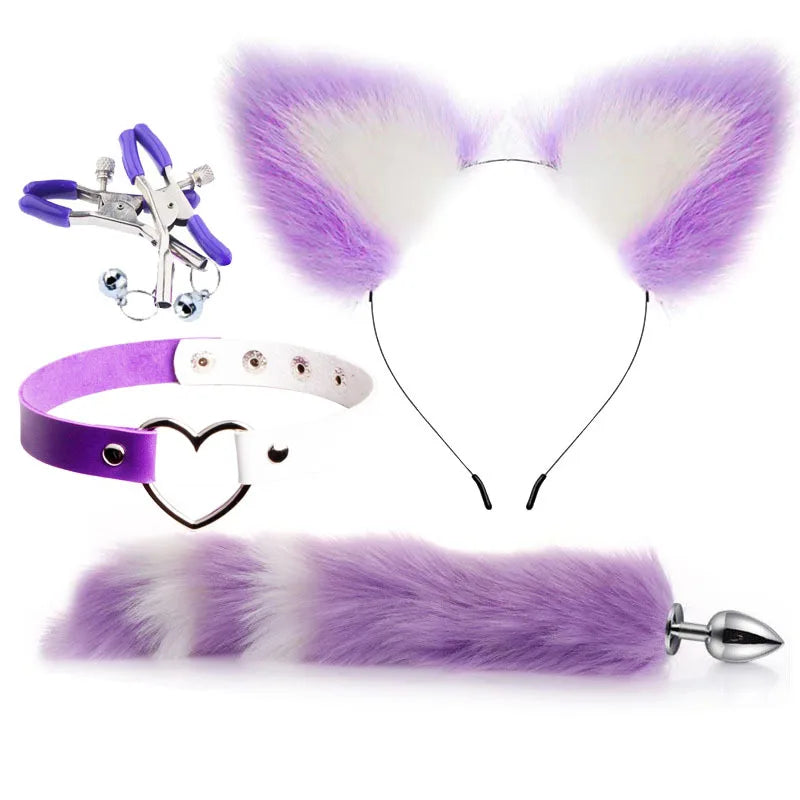 Purple and white pet play set with colorful tail, soft ears, adjustable collar, and jingling nipple clips