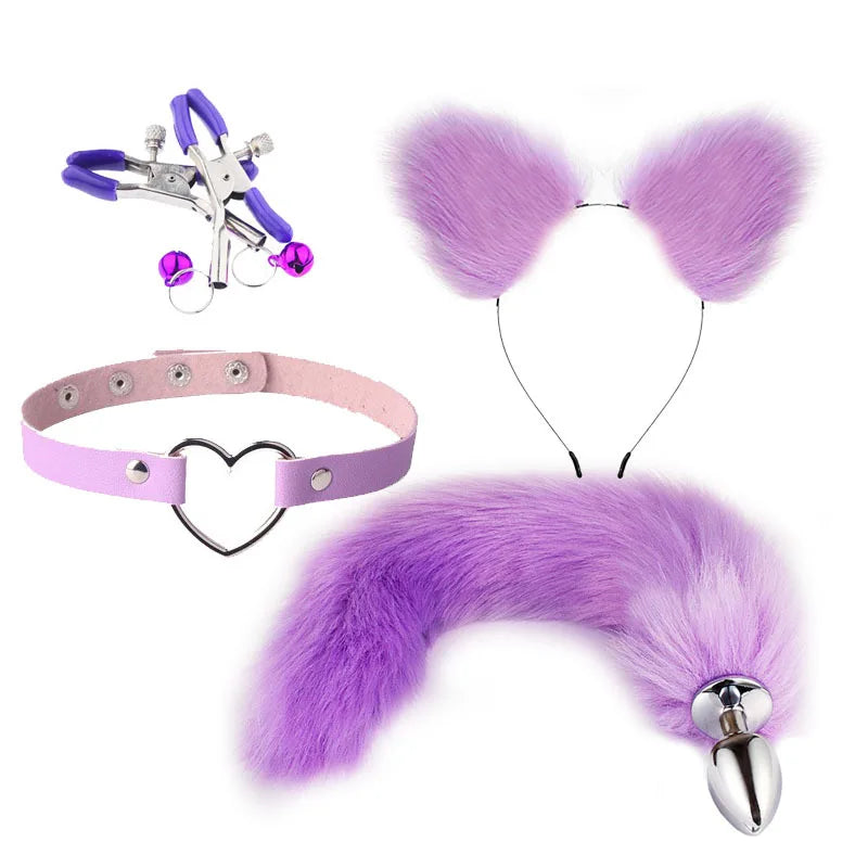 Purple Naughty Pet Play Set with plush ears, fluffy tail plug, heart collar, and nipple clips