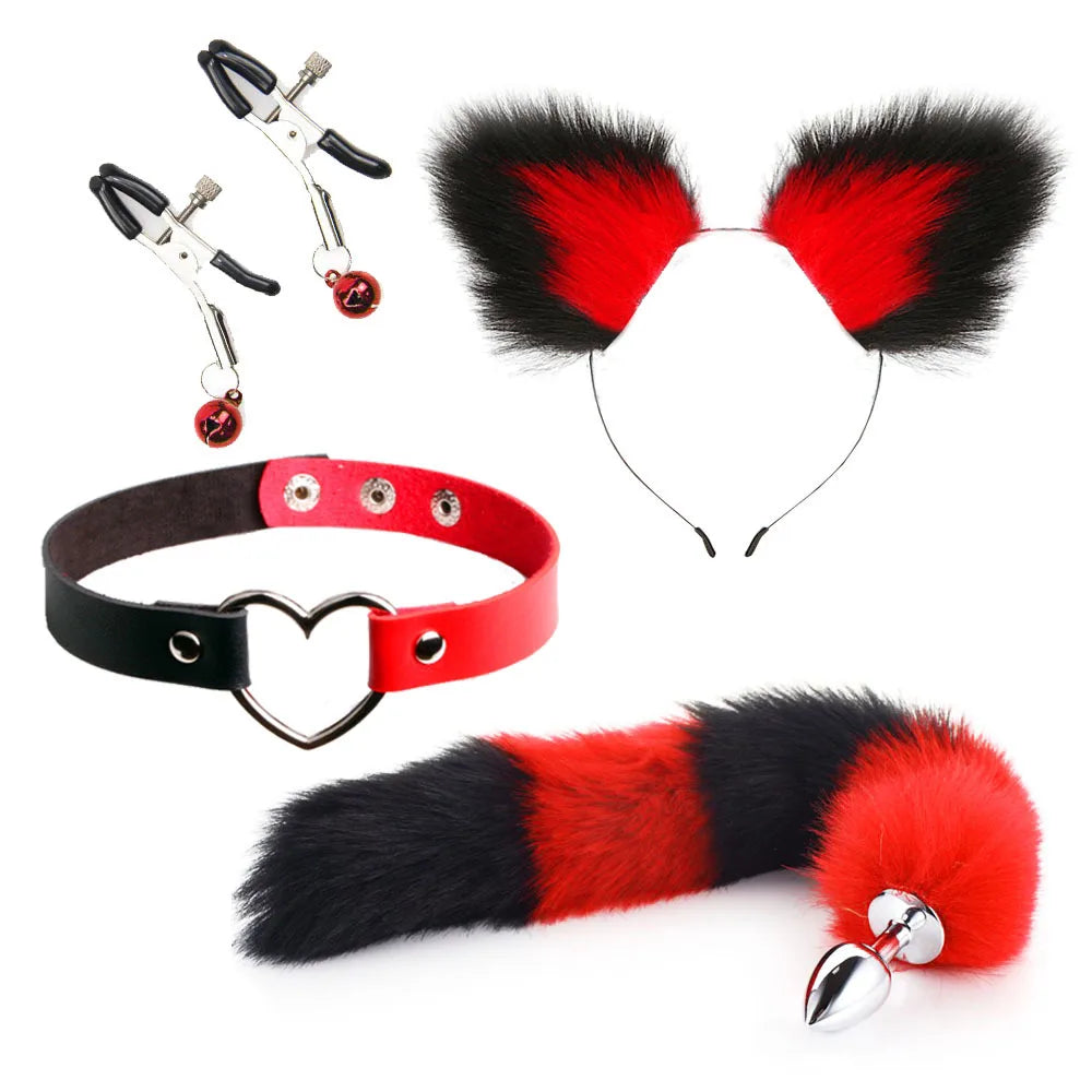 Red and black pet play set featuring plush ears, colorful tail plug, heart collar, and nipple clips