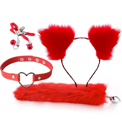 Red Naughty Pet Play Set with plush ears, fluffy tail plug, heart collar, and nipple clips