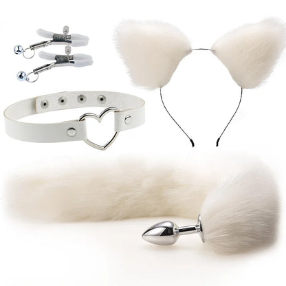 White Naughty Pet Play Set with soft ears, tail plug, adjustable collar, and jingling nipple clips