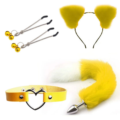 Yellow and white pet play set with plush ears, tail plug, heart collar, and nipple clips for petplay