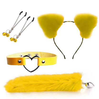 Yellow Naughty Pet Play Set with plush ears, colorful tail plug, adjustable collar, and nipple clips
