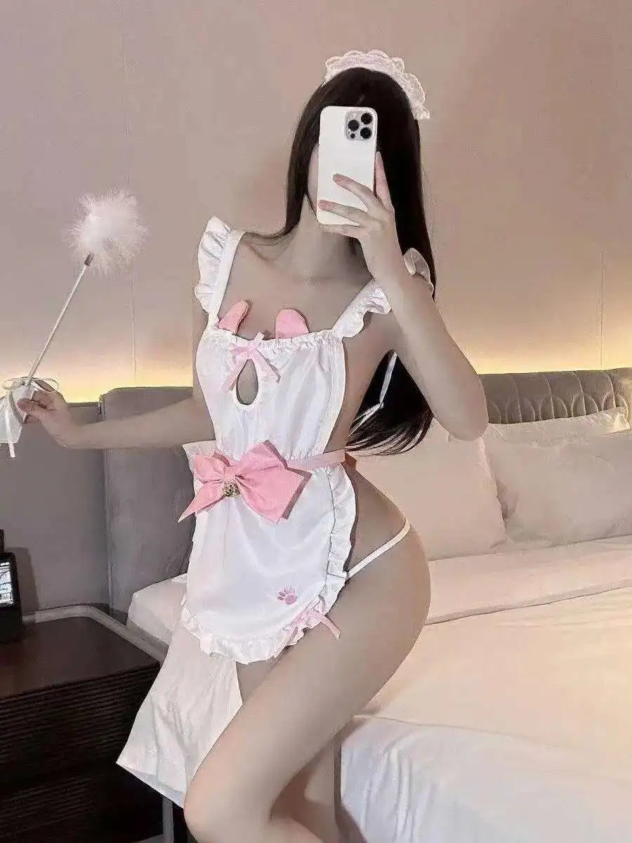 Neko maid sweetheart cosplay set with pink apron, neko ears, and bell ribbon for kawaii DDLG roleplay