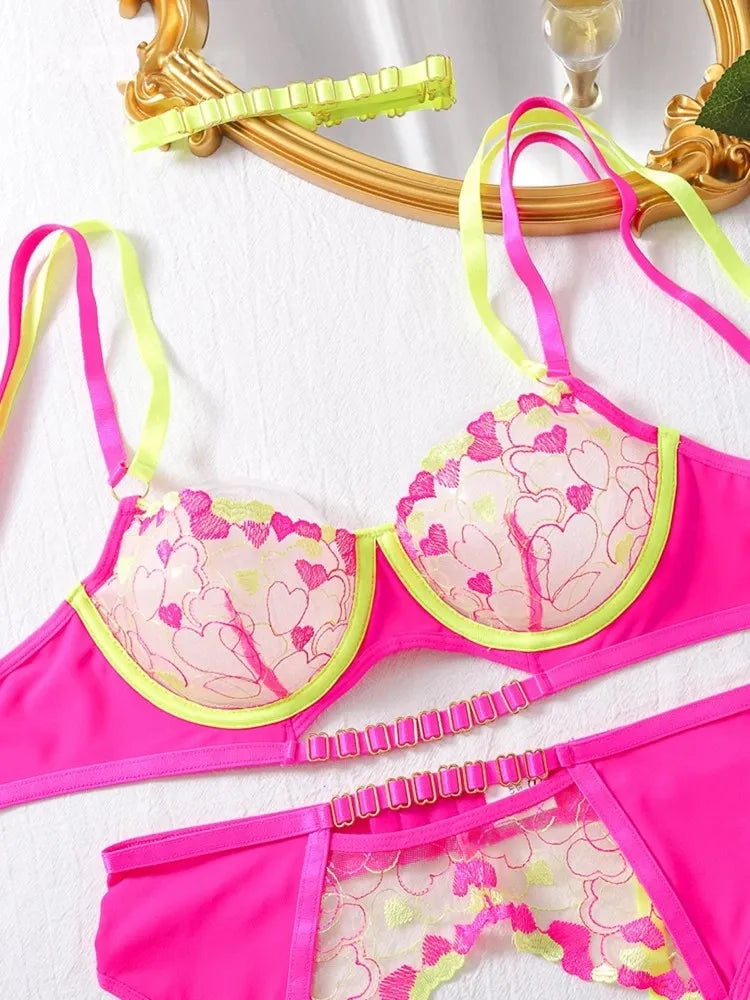 Neon kawaii Love Spell lingerie set, bright mesh hearts, sexy lingerie for bratty baddies.
