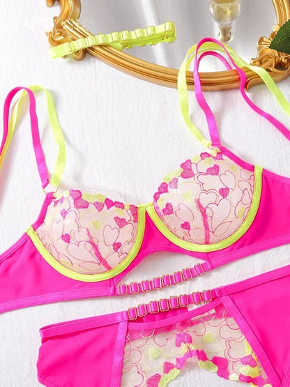 Neon kawaii Love Spell lingerie set, bright mesh hearts, sexy lingerie for bratty baddies.