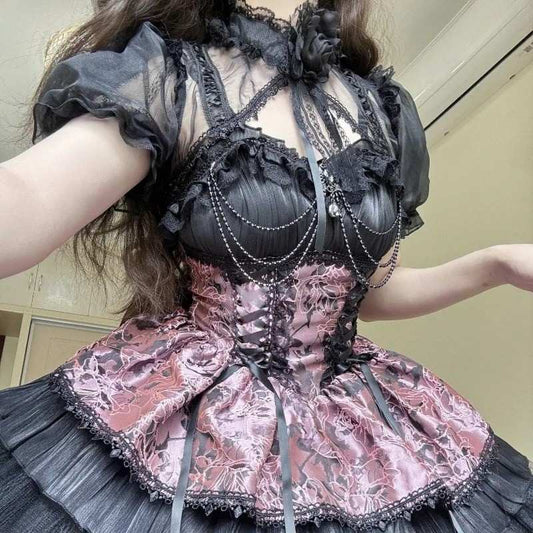 Noir Elegance Gothic Lolita Dress with Victorian corset, dark queen aesthetic, perfect for cosplay
