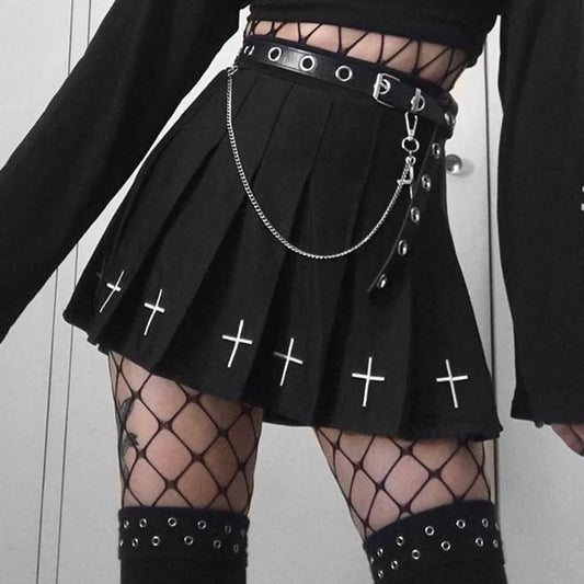 Black Obsidian Salvation Cross Skirt with white embroidery, kawaii gothic DDLG ABDL alternative fashion.