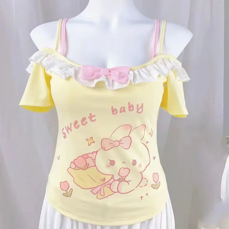 Kawaii off shoulder cami with frilly details and bow for trendy 2025 outfits
