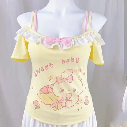 Kawaii off shoulder cami with frilly details and bow for trendy 2025 outfits