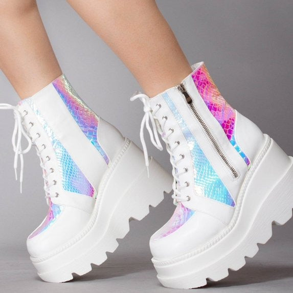 White Opal Spark Mermaid Doll Platforms with blue-purple holographic shine, perfect for kawaii, cutecore, DDLG play