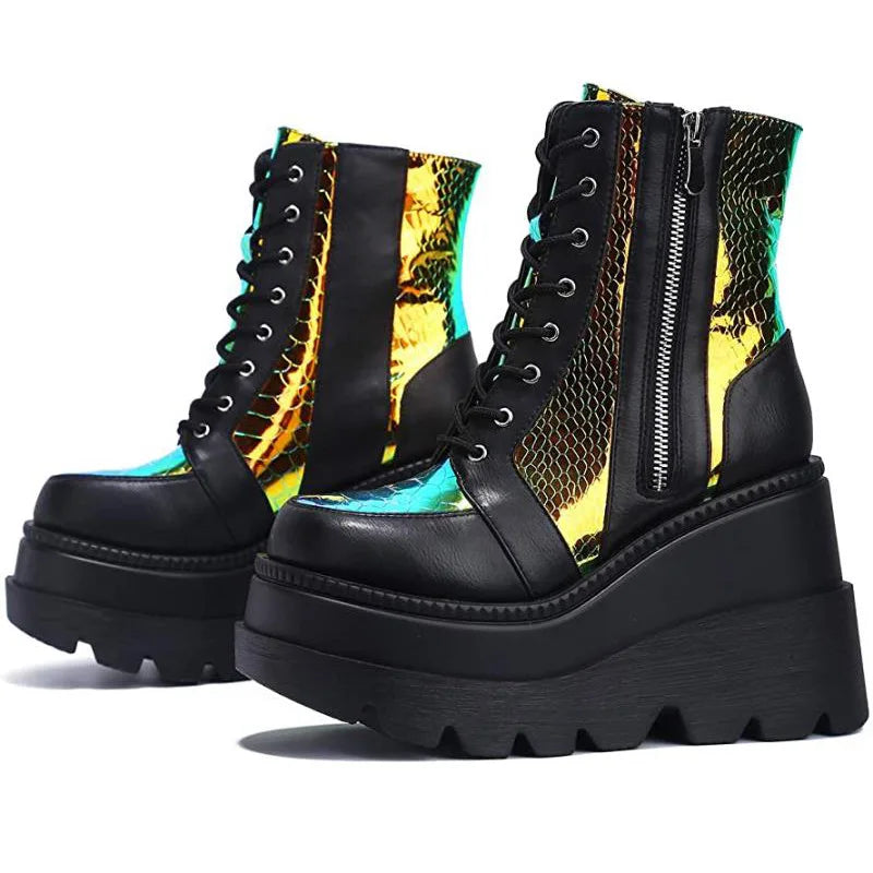 Black Iridescent Opal Spark Mermaid Doll Platforms, magical little-friendly heels for fantasycore, cutecore, ABDL