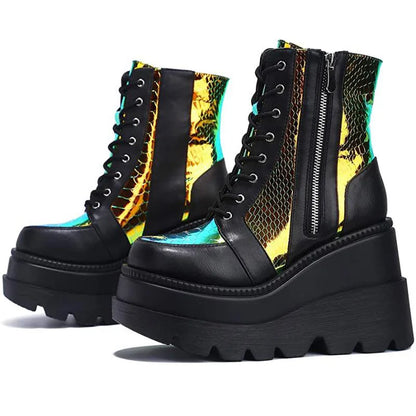 Black Iridescent Opal Spark Mermaid Doll Platforms, magical little-friendly heels for fantasycore, cutecore, ABDL