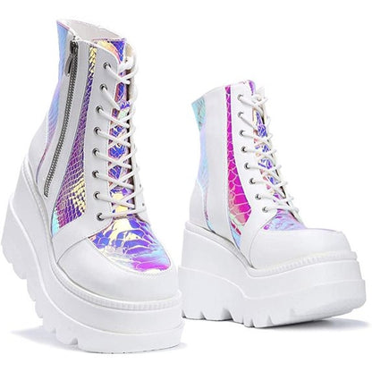White Holographic Opal Spark Mermaid Doll Platforms, dreamy fairycore doll heels for kawaii, DDLG, ABDL, roleplay