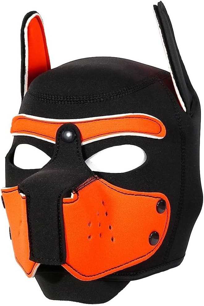 Orange furry pup mask for DDLG, flirty sub petplay, and playful puppy roleplay fun.