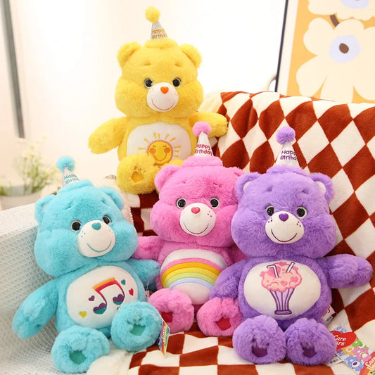 Party Hat Rainbow Teddy Squad in yellow, light blue, pink, and purple with birthday hats