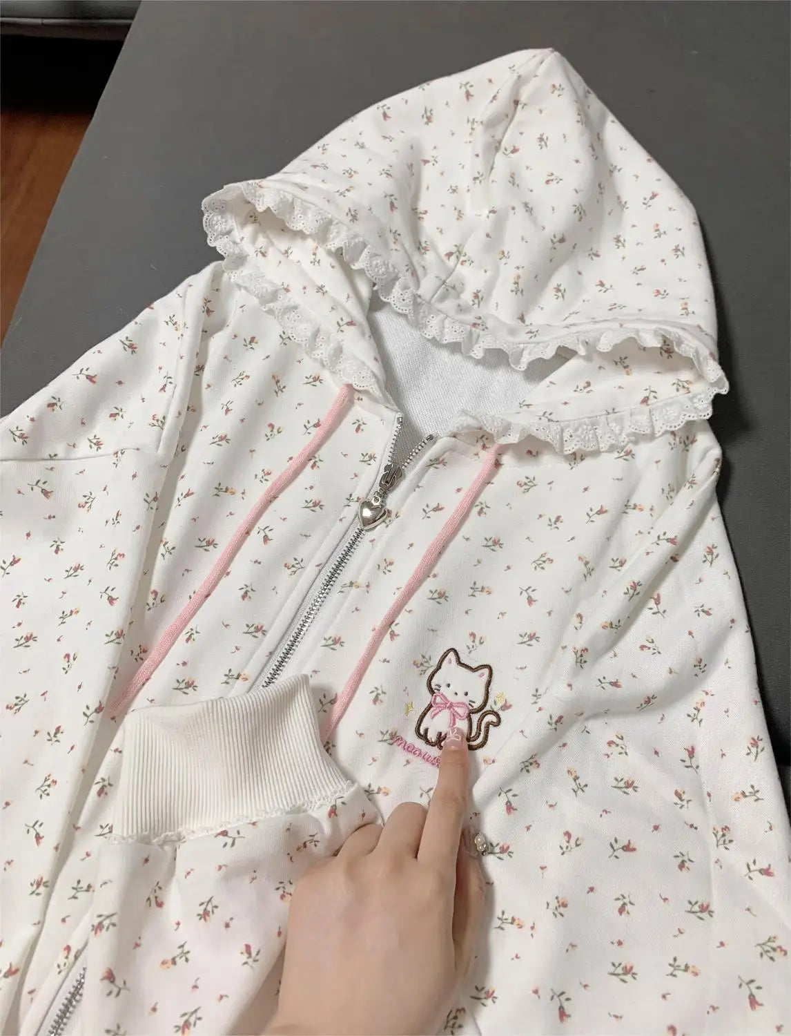 Pastel aesthetic jacket with kitty and floral embroidery, softcore style