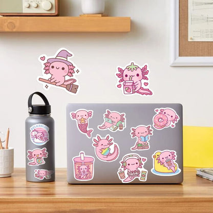 Pastel axolotl sticker pack in kawaii style, great for little space decorating and adding cute vibes to everyday items.