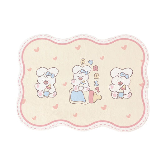 pastel baby rabbits with blue ties and bottles surrounded by small pink hearts in kawaii style